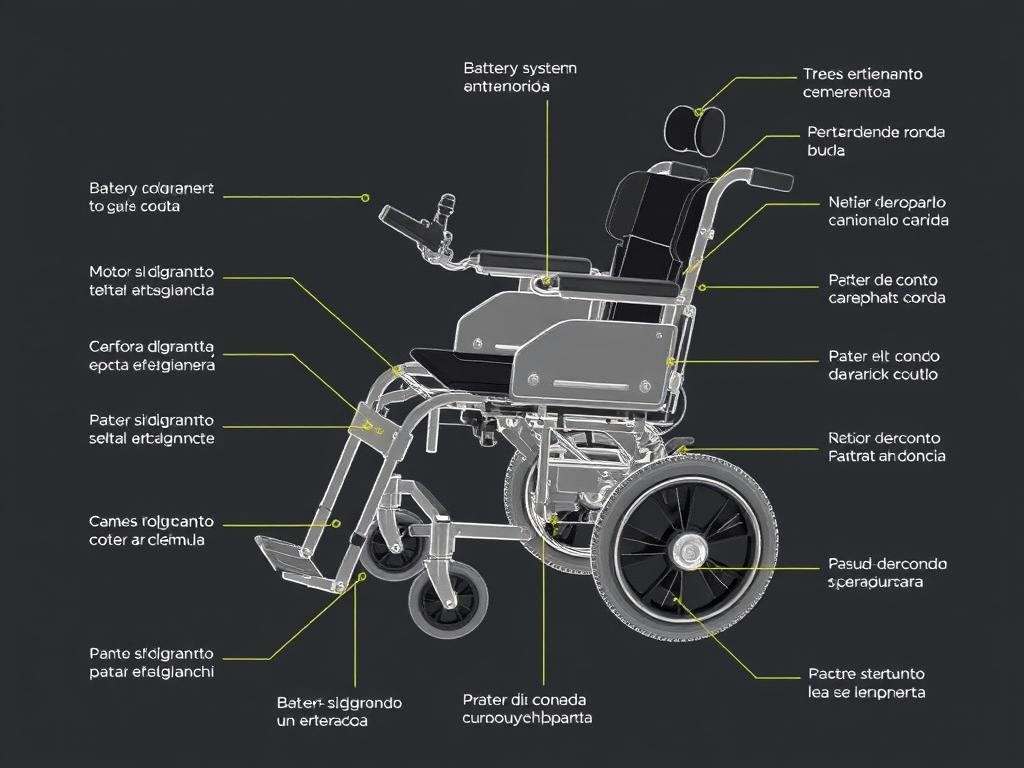 Componentes principais de uma cadeira de rodas motorizada destacando bateria, motor e controles Componentes principais de uma cadeira de rodas motorizada destacando bateria, motor e controles
