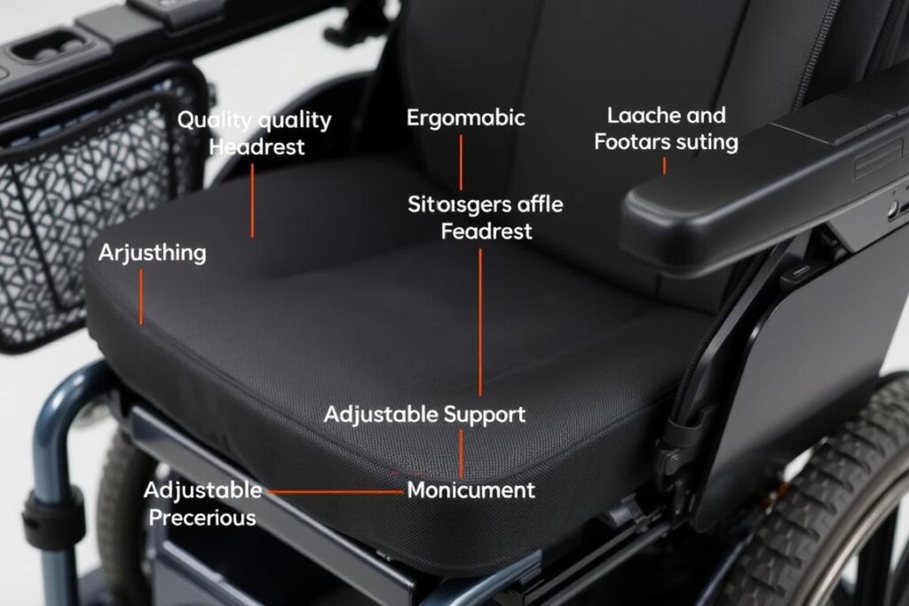 Detalhes de conforto em uma cadeira de rodas motorizada mostrando estofamento e ajustes ergonômicos Detalhes de conforto em uma cadeira de rodas motorizada mostrando estofamento e ajustes ergonômicos