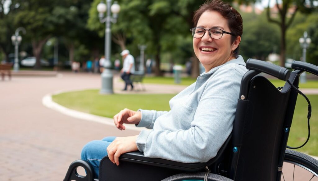 Pessoa utilizando uma cadeira de rodas confortável em um parque de Curitiba Pessoa utilizando uma cadeira de rodas confortável em um parque de Curitiba