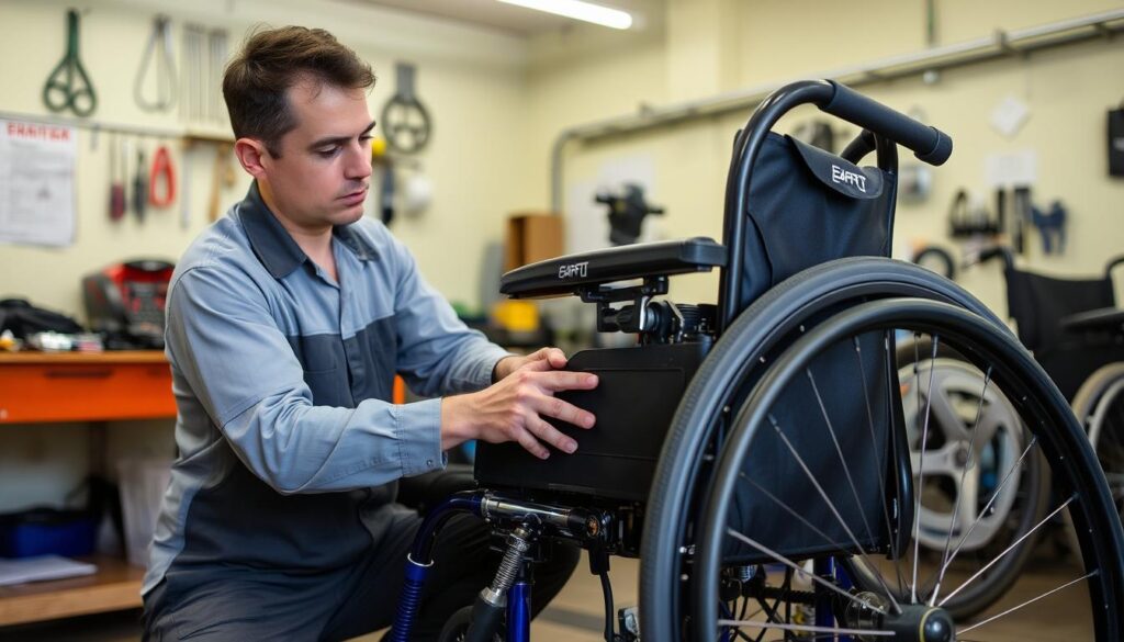Técnico realizando manutenção em uma cadeira de rodas em oficina especializada em Curitiba Técnico realizando manutenção em uma cadeira de rodas em oficina especializada em Curitiba